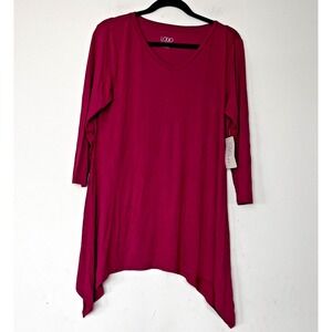 LOGO by Lori Goldstein V Neck Tunic Top Burgundy Asymmetrical Hem Size Medium